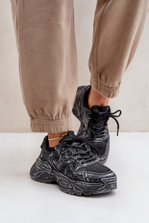 Sneakersy Damskie Z Przetarciami Na Platformie Czarne Seladwen Sneakersy Damskie Z Przetarciami Na Platformie Czarne Seladwen