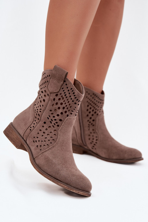 Openwork Women's Ankle Boots Flat Heel Dark Beige Amisna Openwork Women's Ankle Boots Flat Heel Dark Beige Amisna