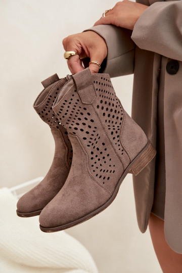 Openwork Women's Ankle Boots Flat Heel Dark Beige Amisna