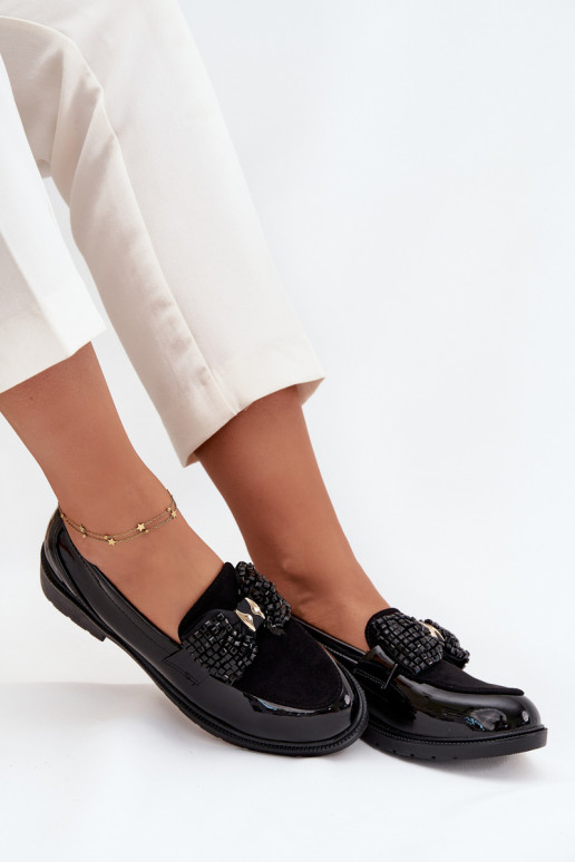 Lacquered Women's Moccasins With Bow S.Barski HY51-319 Black Lacquered Women's Moccasins With Bow S.Barski HY51-319 Black