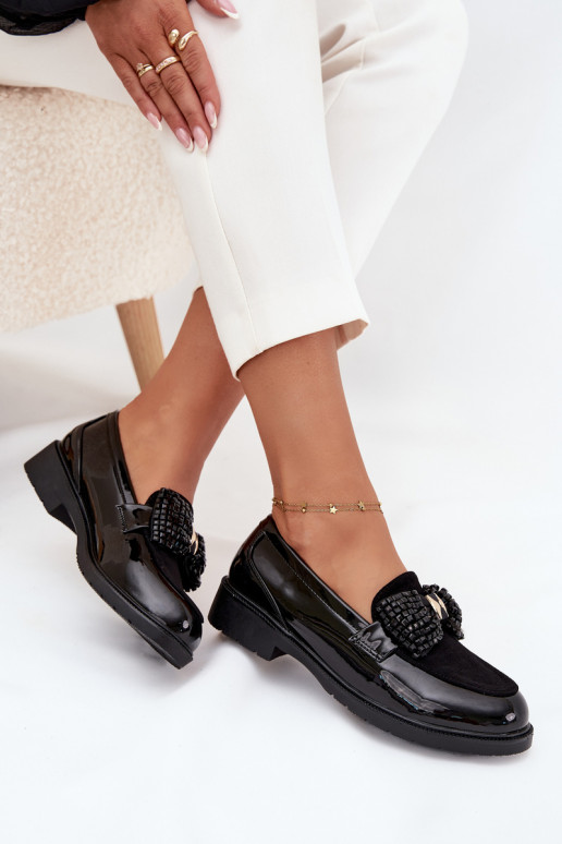 Lacquered Women's Moccasins With Bow S.Barski HY51-319 Black Lacquered Women's Moccasins With Bow S.Barski HY51-319 Black