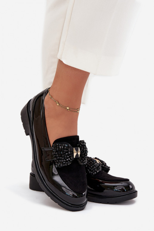 Lacquered Women's Moccasins With Bow S.Barski HY51-319 Black Lacquered Women's Moccasins With Bow S.Barski HY51-319 Black