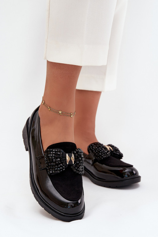 Lacquered Women's Moccasins With Bow S.Barski HY51-319 Black Lacquered Women's Moccasins With Bow S.Barski HY51-319 Black