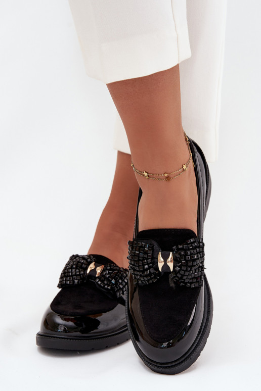 Lacquered Women's Moccasins With Bow S.Barski HY51-319 Black Lacquered Women's Moccasins With Bow S.Barski HY51-319 Black