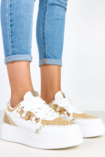 Beżowe sneakersy na platformie z plecioną wstawką Lina
