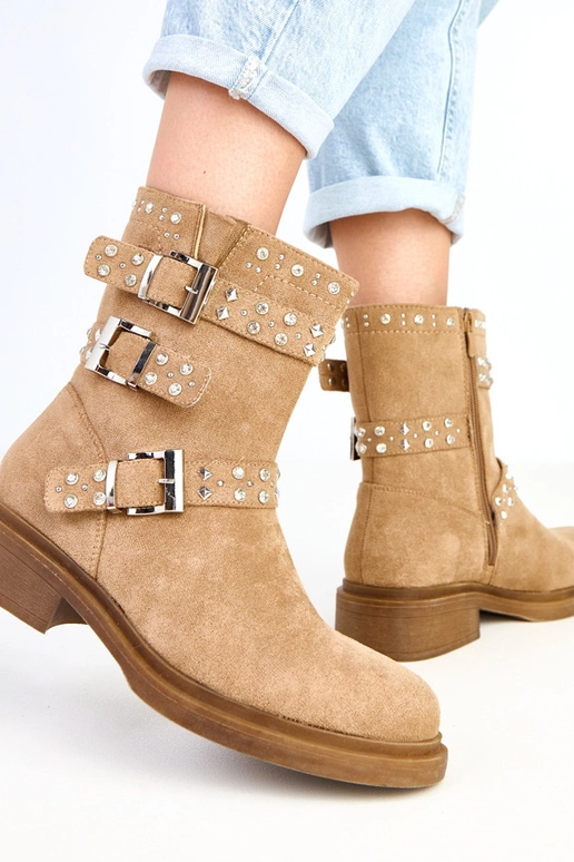 Brązowe botki z cyrkoniami na niskim...