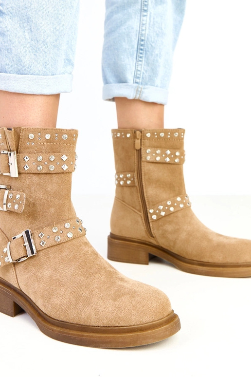 Brązowe botki z cyrkoniami na niskim...