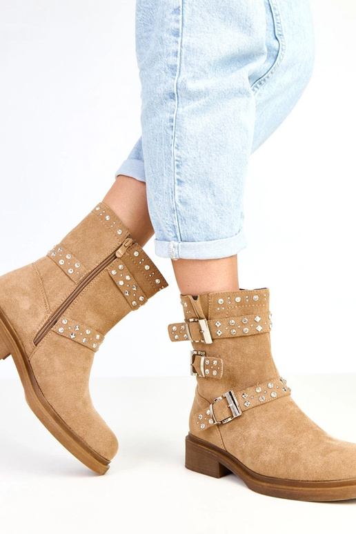 Brązowe botki z cyrkoniami na niskim...