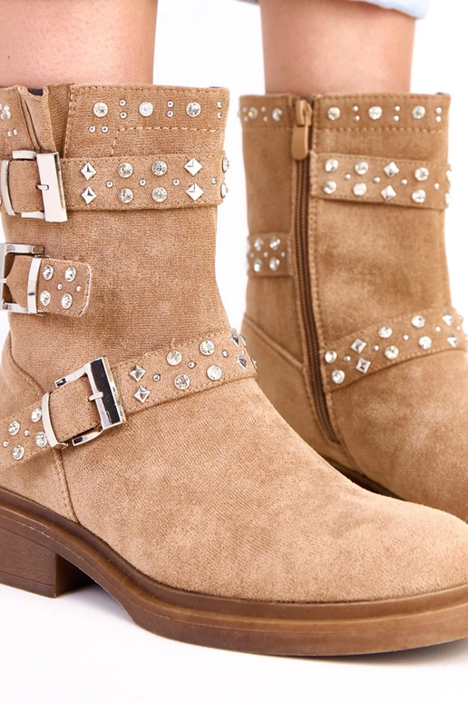 Brązowe botki z cyrkoniami na niskim...