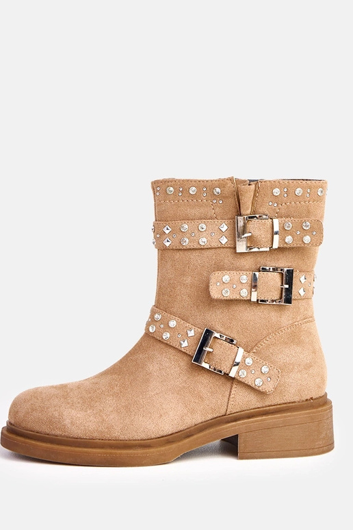 Brązowe botki z cyrkoniami na niskim...