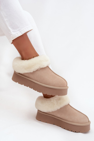 Leather Suede Snow Boots Women with Fur Beige Mivelle