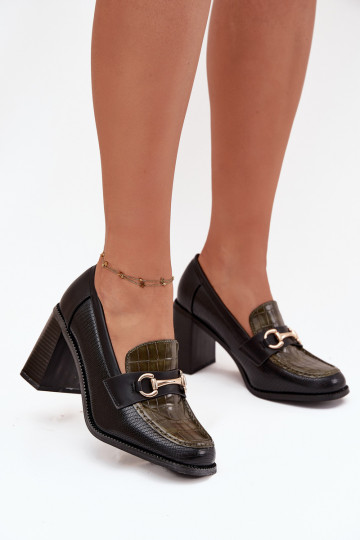 Women's Low Heels Shoes With Embossing And Golden Detail Green-Black Novella 2