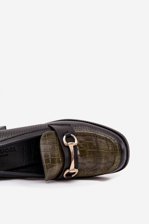 Women's Low Heels Shoes With Embossing And Golden Detail Green-Black Novella Women's Low Heels Shoes With Embossing And Golden Detail Green-Black Novella