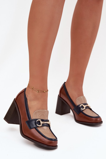 Women's Low Heel Shoes with Embossing and Gold Detail Beige-Brown Novella