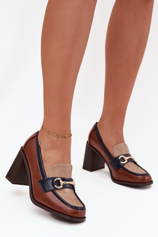 Women's Low Heel Shoes with Embossing and Gold Detail Beige-Brown Novella Women's Low Heel Shoes with Embossing and Gold Detail Beige-Brown Novella