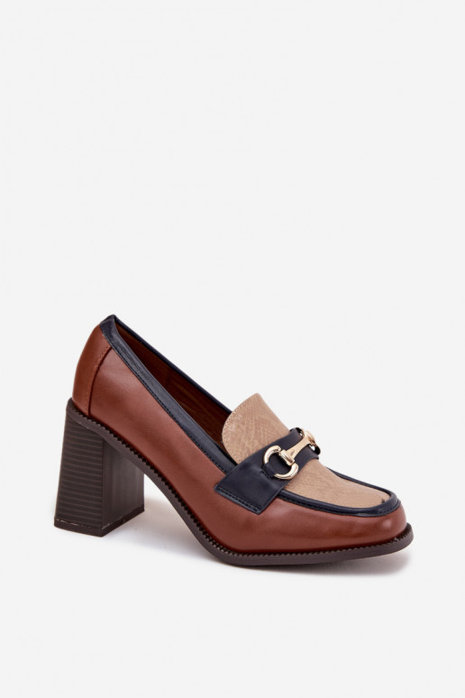 Women's Low Heel Shoes with Embossing and Gold Detail Beige-Brown Novella Women's Low Heel Shoes with Embossing and Gold Detail Beige-Brown Novella