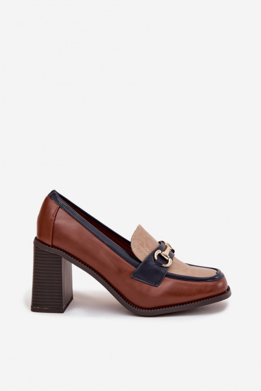 Women's Low Heel Shoes with Embossing and Gold Detail Beige-Brown Novella Women's Low Heel Shoes with Embossing and Gold Detail Beige-Brown Novella