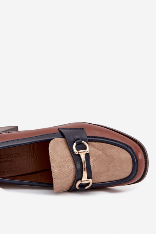 Women's Low Heel Shoes with Embossing and Gold Detail Beige-Brown Novella Women's Low Heel Shoes with Embossing and Gold Detail Beige-Brown Novella