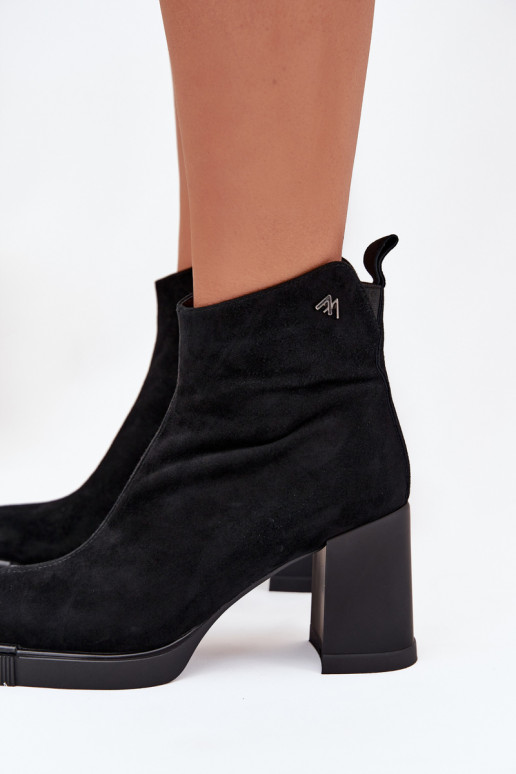 Zamszowe Skórzane Botki Damskie Na Słupku Vinceza 91142 Czarne