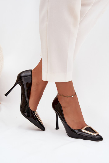 Patent leather heels with gold detail black Paivelle