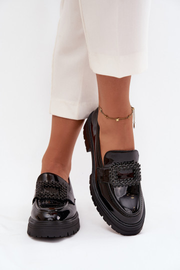 Patent Leather Women's Loafers Moccasins With Decorative Clasp Black Luvianne