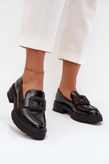 Patent Leather Women's Loafers Moccasins With Decorative Clasp Black Luvianne 2