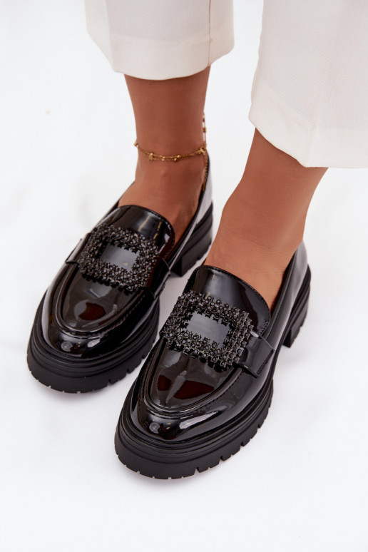 Patent Leather Women's Loafers Moccasins With Decorative Clasp Black Luvianne Patent Leather Women's Loafers Moccasins With Decorative Clasp Black Luvianne