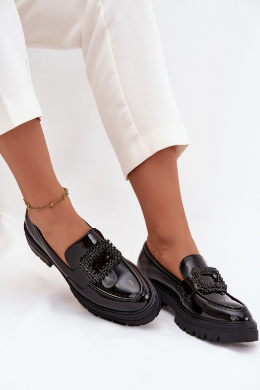 Patent Leather Women's Loafers Moccasins With Decorative Clasp Black Luvianne Patent Leather Women's Loafers Moccasins With Decorative Clasp Black Luvianne