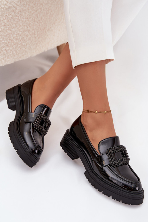 Patent Leather Women's Loafers Moccasins With Decorative Clasp Black Luvianne Patent Leather Women's Loafers Moccasins With Decorative Clasp Black Luvianne