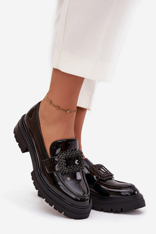 Lakierowane Półbuty Mokasyny DamskiewithOzdobną Klamrą Czarne Luvianne