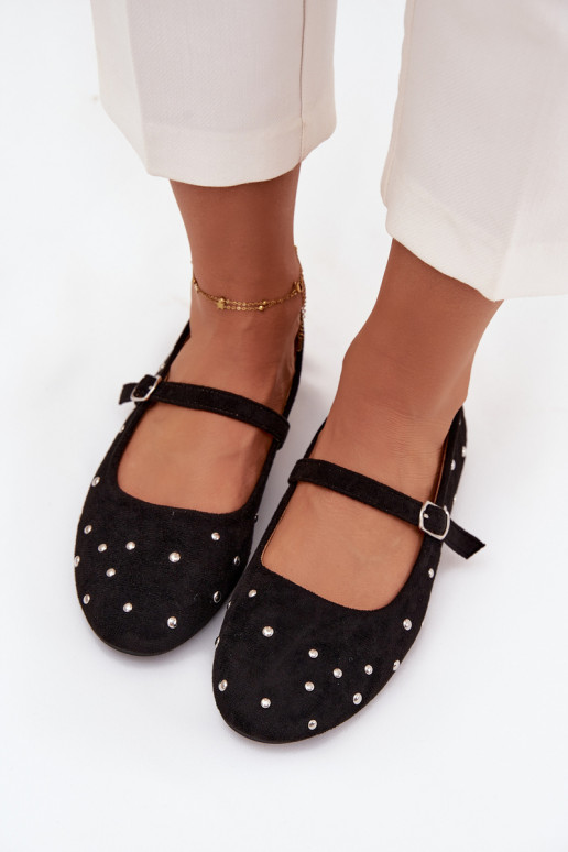 Embellished Women's Ballerinas with Strap Black Olivisse Embellished Women's Ballerinas with Strap Black Olivisse