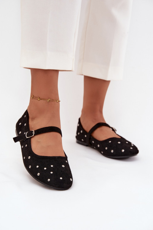 Embellished Women's Ballerinas with Strap Black Olivisse Embellished Women's Ballerinas with Strap Black Olivisse