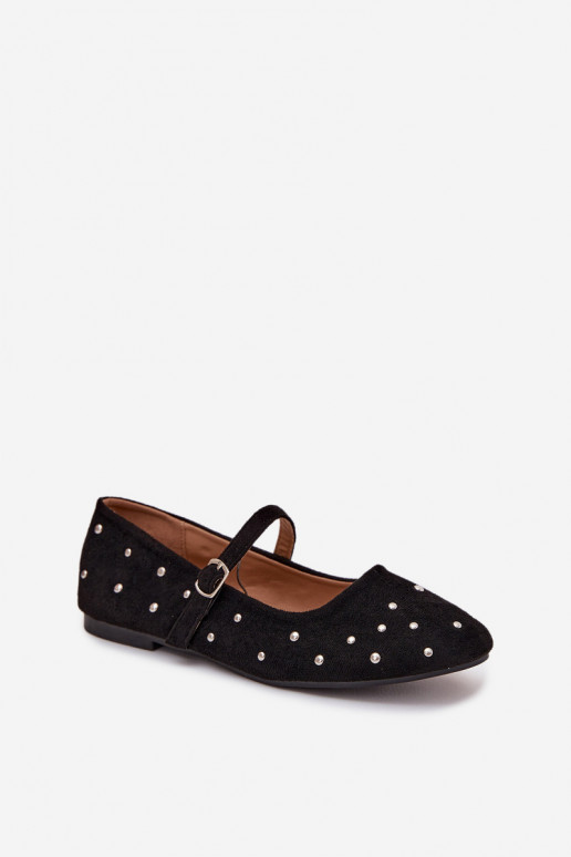 Embellished Women's Ballerinas with Strap Black Olivisse Embellished Women's Ballerinas with Strap Black Olivisse