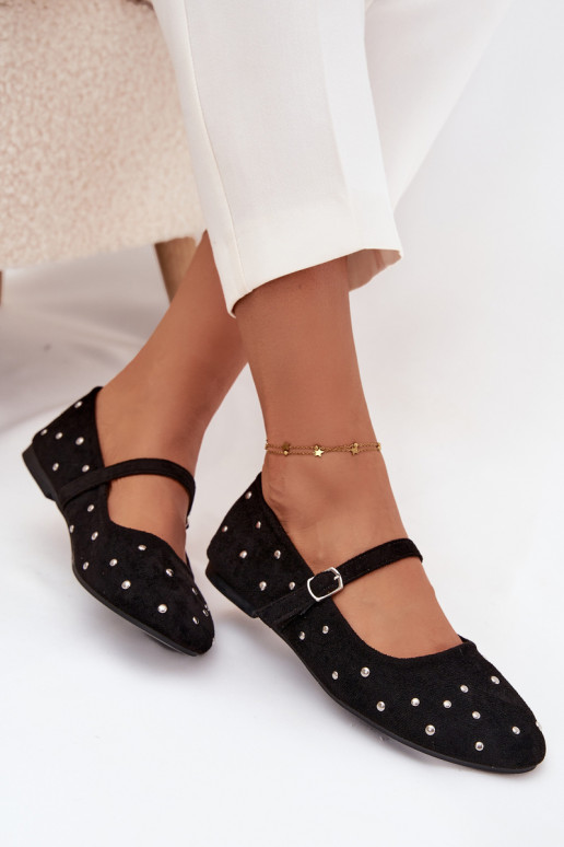 Embellished Women's Ballerinas with Strap Black Olivisse Embellished Women's Ballerinas with Strap Black Olivisse