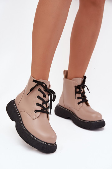 Insulated women's ankle boots on platform with laces dark beige Harmine