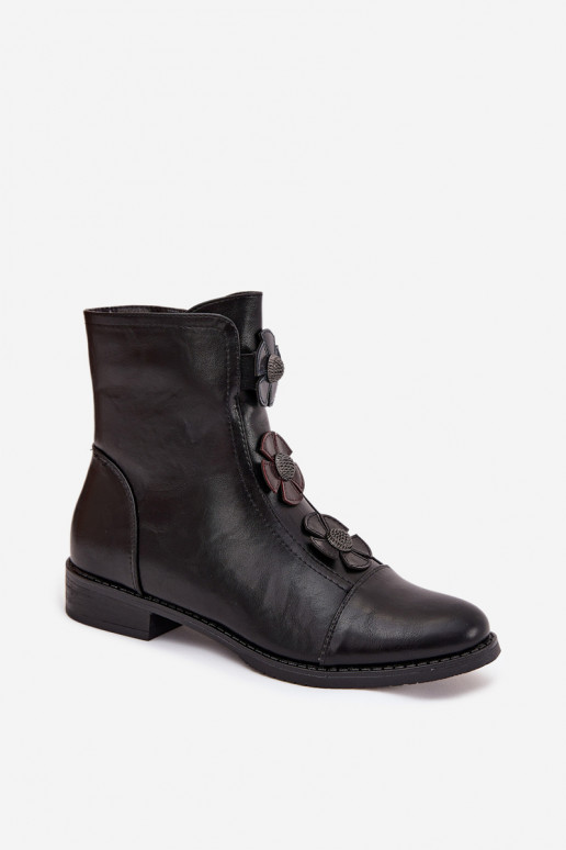 Insulated women's ankle boots with flat heel decorated with flowers black Pravienne Insulated women's ankle boots with flat heel decorated with flowers black Pravienne