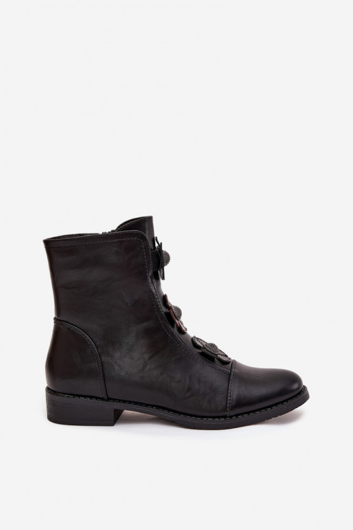 Insulated women's ankle boots with flat heel decorated with flowers black Pravienne Insulated women's ankle boots with flat heel decorated with flowers black Pravienne