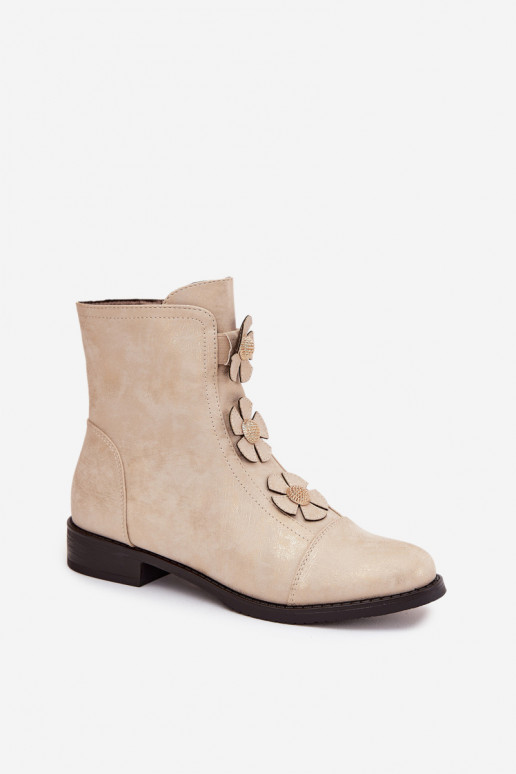 Insulated Women's Ankle Boots Flat Heel Decorative Flowers Golden Pravienne Insulated Women's Ankle Boots Flat Heel Decorative Flowers Golden Pravienne