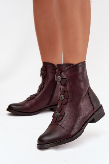 Insulated women's ankle boots with flat heel and decorative flowers Bordeaux Pravienne 2