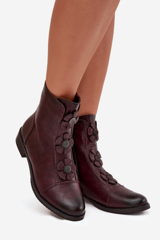 Insulated women's ankle boots with flat heel and decorative flowers Bordeaux Pravienne Insulated women's ankle boots with flat heel and decorative flowers Bordeaux Pravienne