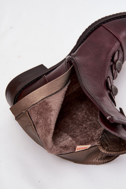 Insulated women's ankle boots with flat heel and decorative flowers Bordeaux Pravienne Insulated women's ankle boots with flat heel and decorative flowers Bordeaux Pravienne
