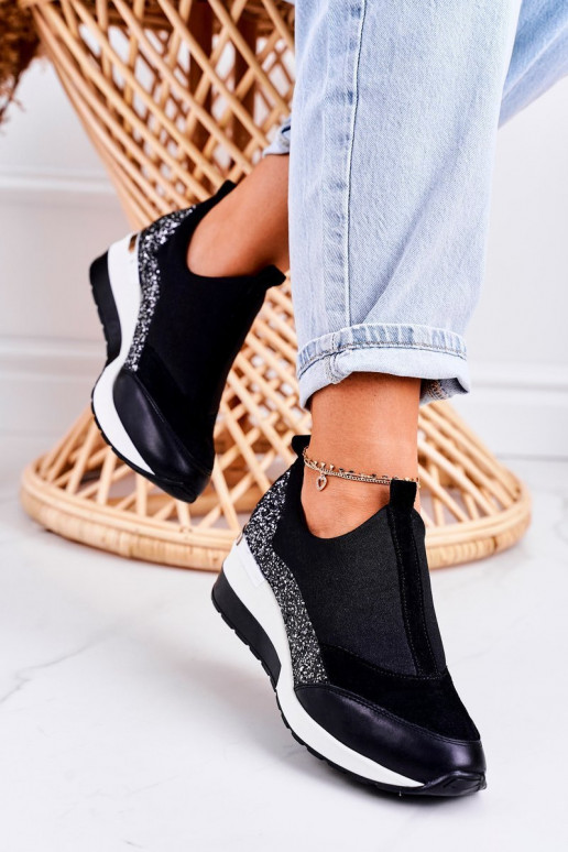 Women s Leather Wedge Sneakers Black Silver Frances Women s Leather Wedge Sneakers Black Silver Frances