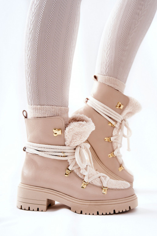 Skórzane Botki Trapery Wiązane Lewski Jasnobeżowe 3116 Skórzane Botki Trapery Wiązane Lewski Jasnobeżowe 3116