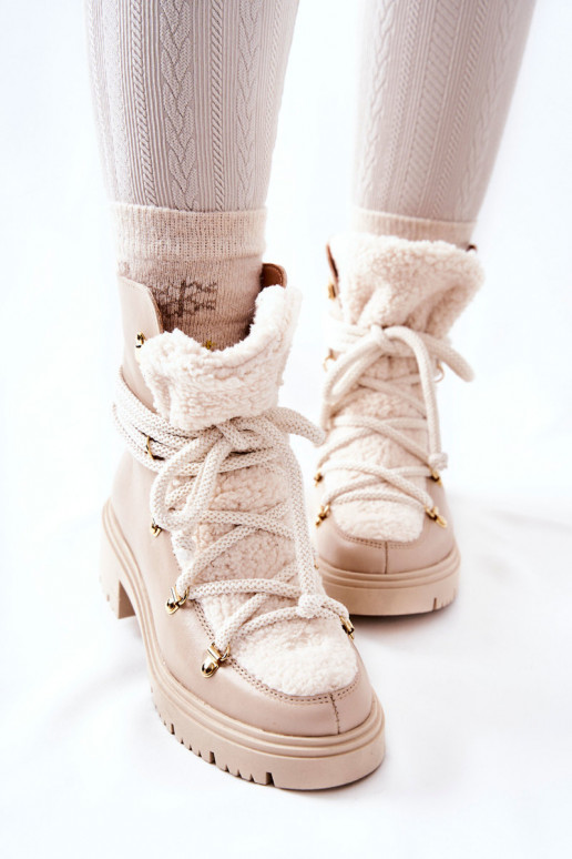 Skórzane Botki Trapery Wiązane Lewski Jasnobeżowe 3116 Skórzane Botki Trapery Wiązane Lewski Jasnobeżowe 3116