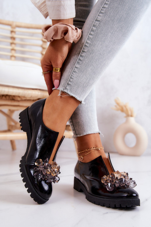 Elegant Leather Shoes With Ornament Black Cindy Elegant Leather Shoes With Ornament Black Cindy