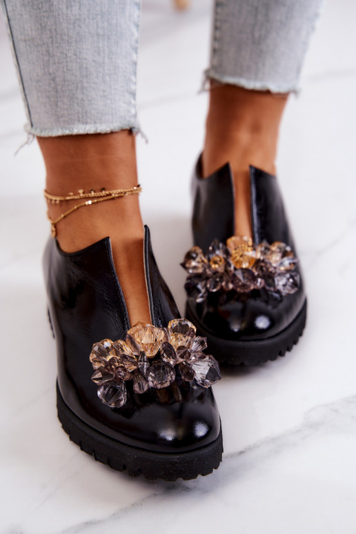 Elegant Leather Shoes With Ornament Black Cindy Elegant Leather Shoes With Ornament Black Cindy
