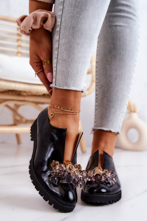 Elegant Leather Shoes With Ornament Black Cindy Elegant Leather Shoes With Ornament Black Cindy