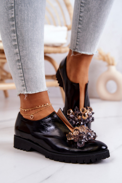 Elegant Leather Shoes With Ornament Black Cindy Elegant Leather Shoes With Ornament Black Cindy