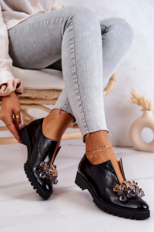 Elegant Leather Shoes With Ornament Black Cindy Elegant Leather Shoes With Ornament Black Cindy