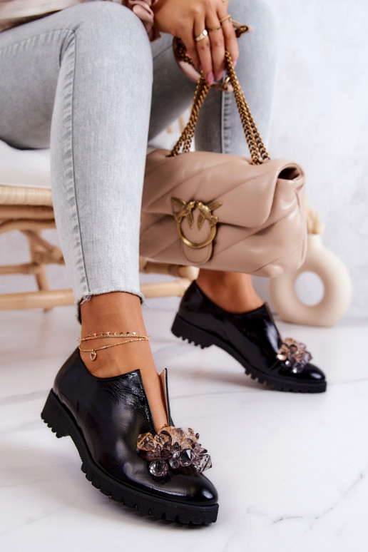 Elegant Leather Shoes With Ornament Black Cindy Elegant Leather Shoes With Ornament Black Cindy